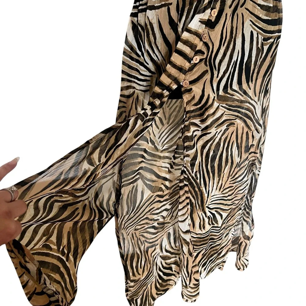 Kendall + Kylie Tiger Print Maxi Dress Brown Black Button Front KKDD-30111 Large